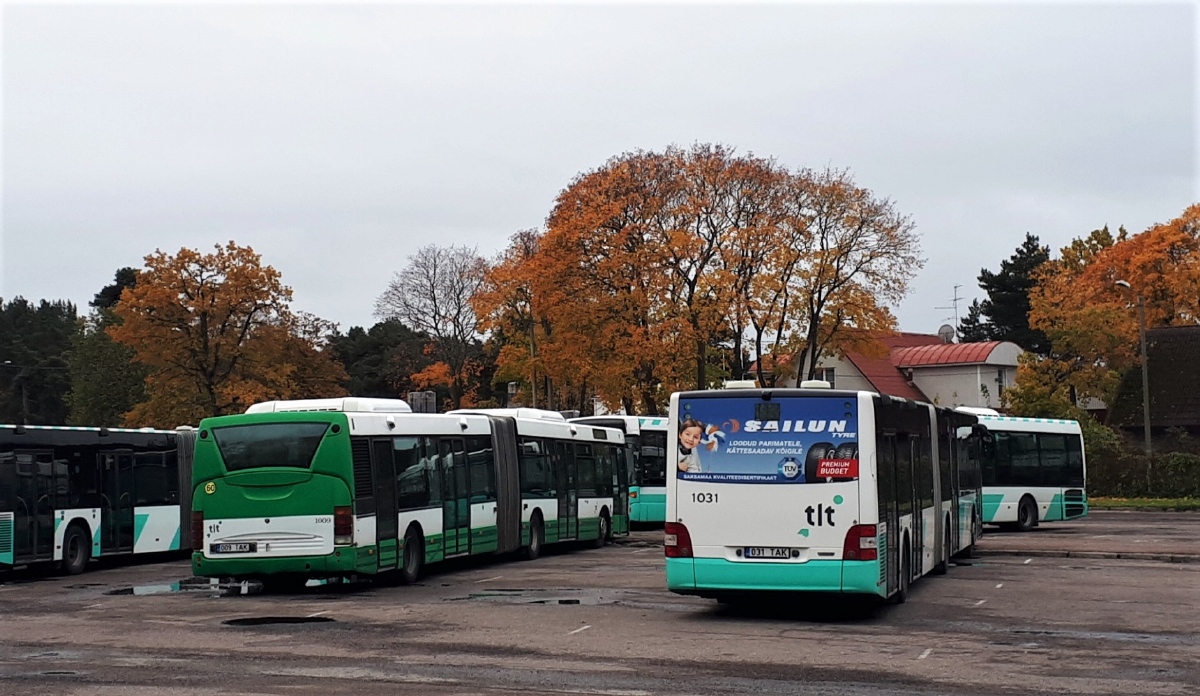 Estonsko, Scania OmniCity I č. 1009; Estonsko, MAN A40 Lion's City GL NG323 č. 1031