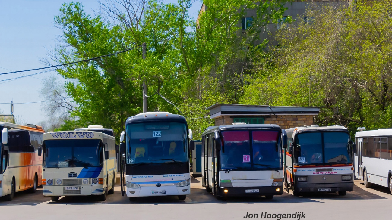 Pavlodar province, Alpus 260SR # S 012 LDM; Karagandy province, Yutong ZK6122H9 # 066 AD 09; Karagandy province, Setra S315GT # M 451 CA; Karagandy province, Mercedes-Benz O303-15RHS # M 655 BW