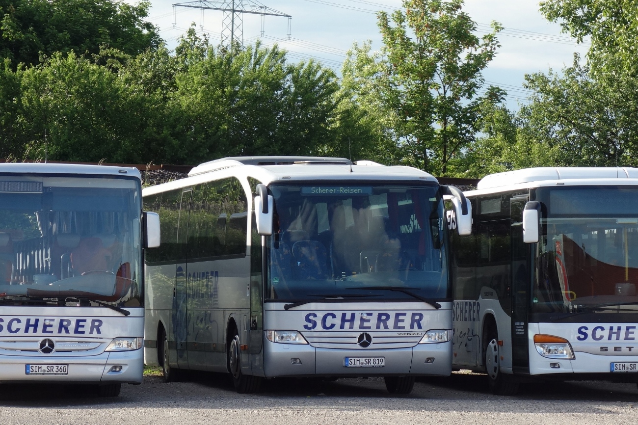 Rhineland-Palatinate, Mercedes-Benz O580-15RH Travego RH # SIM-SR 819; Rhineland-Palatinate, Setra S415NF # SIM-SR 203; Rhineland-Palatinate, Mercedes-Benz Tourismo II RH M 16RH # SIM-SR 360